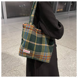 Large Capacity Plaid Travel Handbag Shoulder Wool Bag for Women