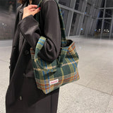 Plaid Wool Shopper Shoulder Bag, Large Capacity Handbag for Autumn Winter