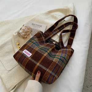Plaid Wool Shopper Shoulder Bag, Large Capacity Handbag for Autumn Winter