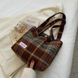 Plaid Wool Shopper Shoulder Bag, Large Capacity Handbag for Autumn Winter