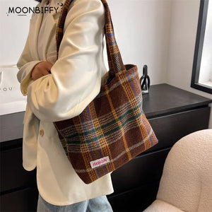 Plaid Wool Shoulder Bag for Women Large Capacity Handbag