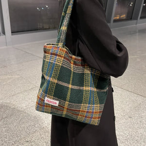Plaid Wool Shoulder Bag for Women, Large Capacity Handbag