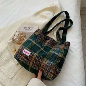 Plaid Wool Shoulder Bag for Women Large Capacity Shopper Handbag