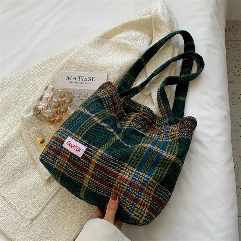 Plaid Wool Shoulder Bag for Women Large Capacity Handbag
