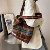 Plaid Wool Shoulder Bag for Women Large Capacity Shopper Handbag
