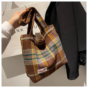 Plaid Wool Shoulder Bag for Women, Large Capacity Handbag