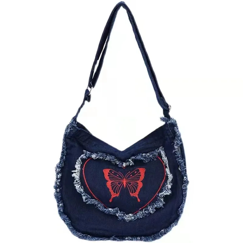 Y2K Crossbody Denim Tassel Bag Butterfly Print Large Tote Handbag