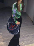 Y2K Crossbody Denim Tassel Bag Butterfly Print Large Tote Handbag