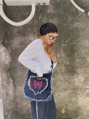 Y2K Crossbody Denim Tassel Bag Butterfly Print Large Tote Handbag