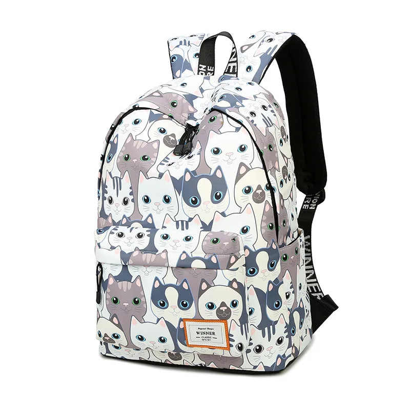Toury Women Backpack School Bags Cat Print Preppy Style Large Capacity