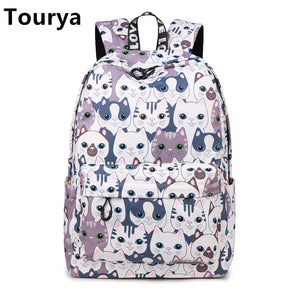 Toury Women Backpack School Bags Cat Print Preppy Style Large Capacity