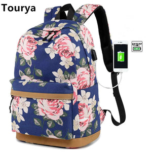Canvas Women Backpack Floral Printing USB charging School Bags
