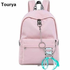Waterproof Nylon Women Backpack Girls Drawstring Bow Chains School Bag Bookbags