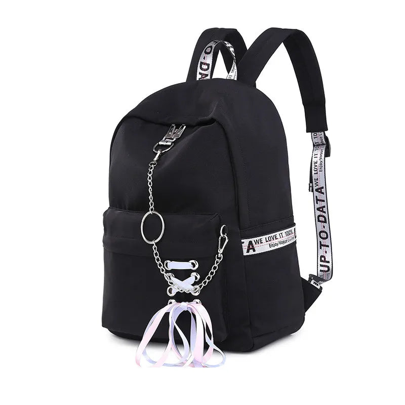 Waterproof Nylon Women Backpack Girls Drawstring Bow Chains School Bag Bookbags