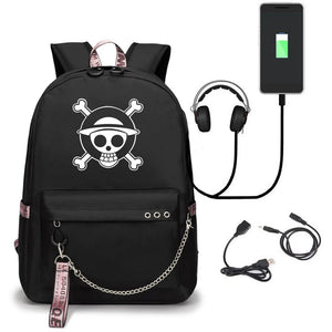 Law One Piece Skull Beard USB Backpack Chain Headphone Port School Bags