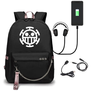 Law One Piece Skull Beard USB Backpack Chain Headphone Port School Bags