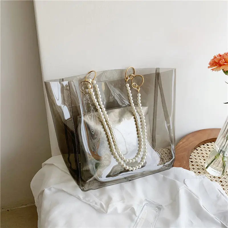 Transparent Shoulder Bag PVC Pearls Large Capacity Totes Composite Bag