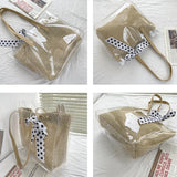 Transparent Tote Shoulder Bag Waterproof PVC Dot Ribbons Straw Weave
