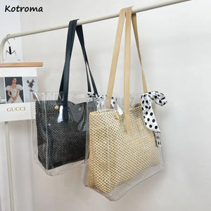 Transparent Tote Shoulder Bag Waterproof PVC Dot Ribbons Straw Weave