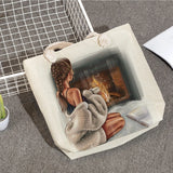 Cartoon Coffee Girl Print Beach Bag Eco Reusable Shopping Handbags