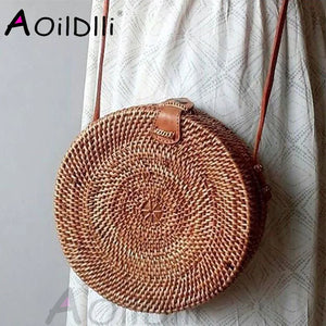 Summer Straw Beach Circle Shoulder Bag Sunflower Knitted Rattan Handbag