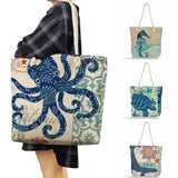 Beach Octopus Rope Linen Bag Women Shoulder Tote High Capacity Marine Life