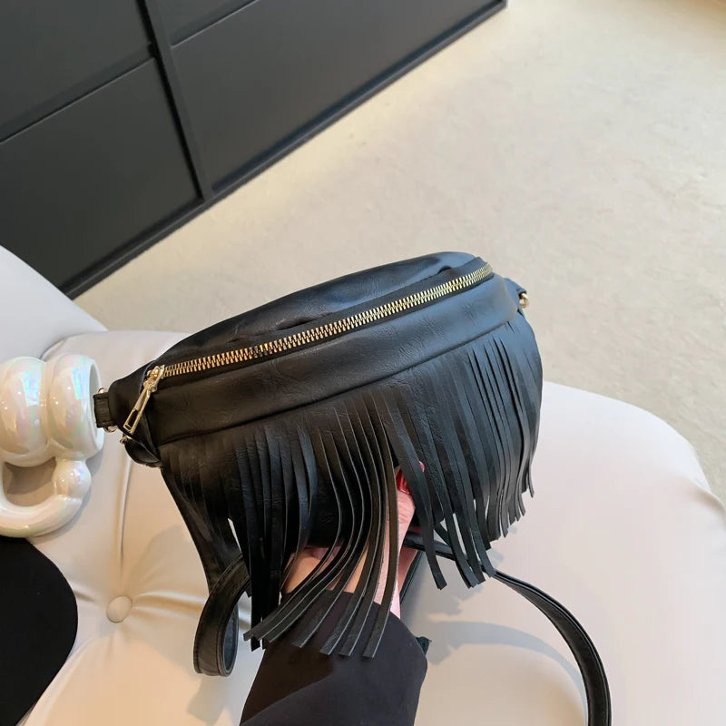 Tassel Leather Crossbody Chest Bag Large Capacity Women's Waist Bag