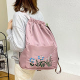 Waterproof Flower Print Embroidery Foldable Drawstring Backpack