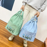 Waterproof Flower Print Embroidery Foldable Drawstring Backpack
