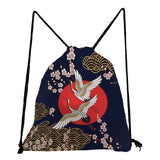Japanese Style Drawstring Shoes Bag Floral Crane Bird Print Portable Backpack