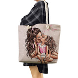 Portable Beach Bag Cartoon Mama Print Handbag Mom and Baby Tote
