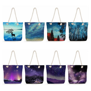 Starry Sky Print Rope Beach Bag Landscape Tote Bags