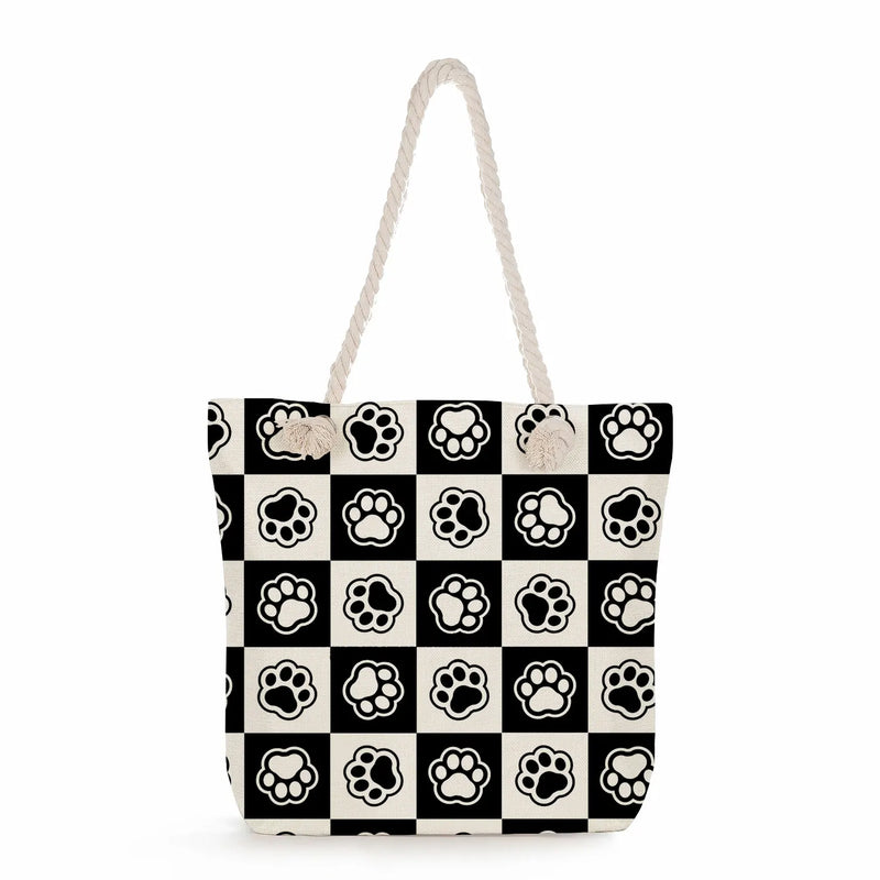 Shoulder Bags Polyester Linen Tote Handbag For Women with Dog Paw Print