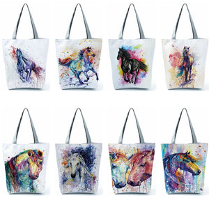Watercolor Horse Printed Traveling Tote Shoulder Bag