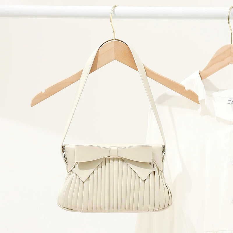 Pleated Bow Small Shoulder Bag Top Handle Clutch for Women