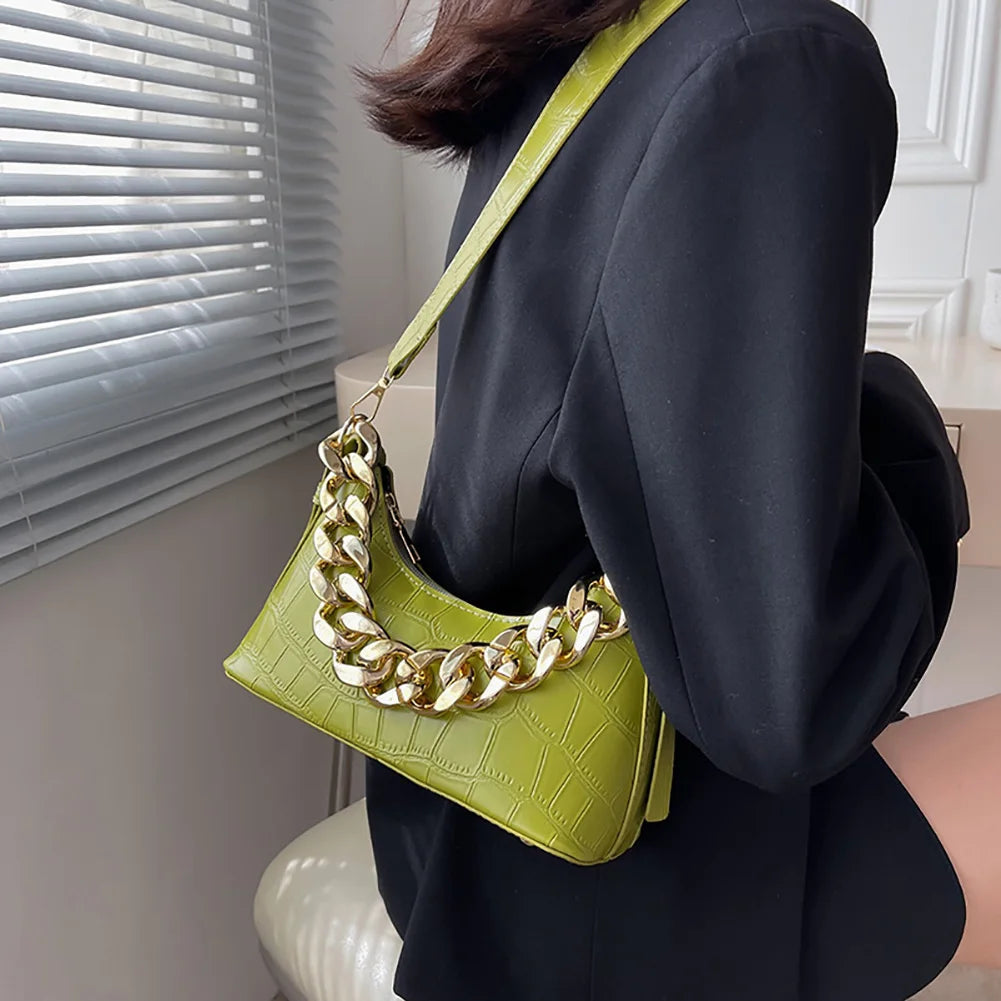 Stone Pattern Shoulder Bag Women PU Leather Thick Chain Handbag