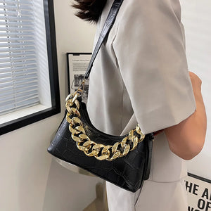 Stone Pattern Shoulder Bag Women PU Leather Thick Chain Handbag