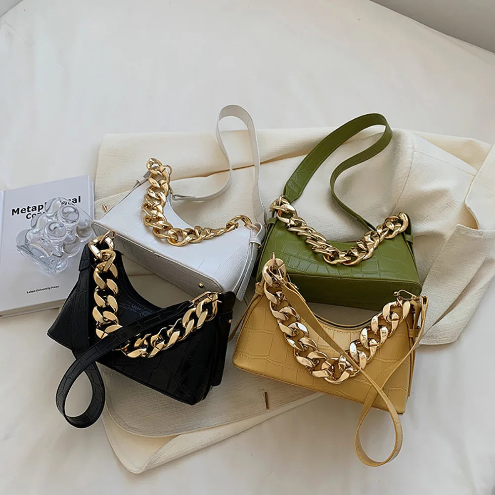 Stone Pattern Shoulder Bag Women PU Leather Thick Chain Handbag