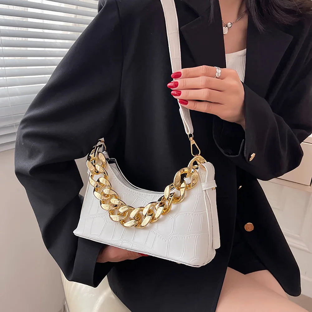 Stone Pattern Shoulder Bag Women PU Leather Thick Chain Handbag
