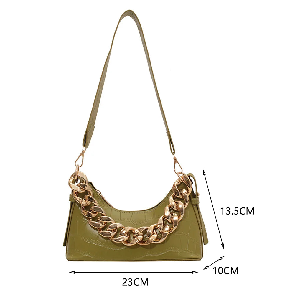 Stone Pattern Shoulder Bag Women PU Leather Thick Chain Handbag