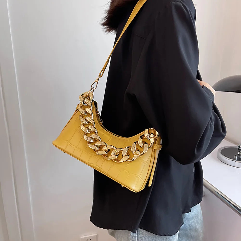Stone Pattern Shoulder Bag Women PU Leather Thick Chain Handbag