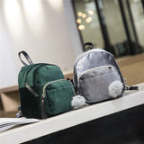 Velvet Women Mini Backpack Girl Solid Pompom Backpack Female