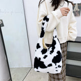 Leopard Pattern Ladies Purse Tote Handbags Faux Fur Plush Underarm Bags