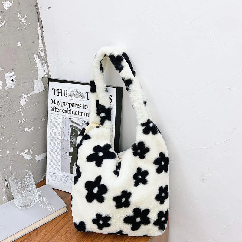 Leopard Pattern Ladies Purse Tote Handbags Faux Fur Plush Underarm Bags