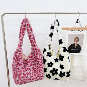 Leopard Pattern Ladies Purse Tote Handbags Faux Fur Plush Underarm Bags