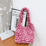 Leopard Pattern Ladies Purse Tote Handbags Faux Fur Plush Underarm Bags