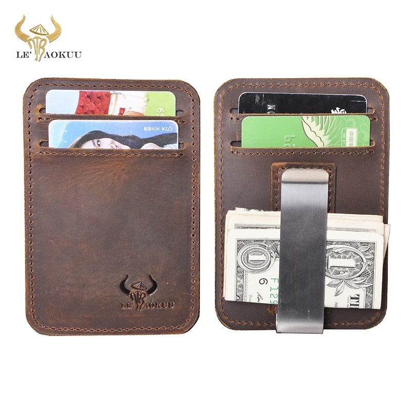 Unisex Slim Crazy Horse Leather Money Clip Wallet