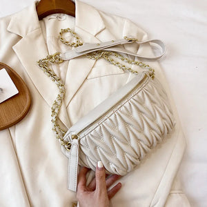 Pleated Waist Bag Chain Crossbody PU Leather Hip Belt Phone Pouch