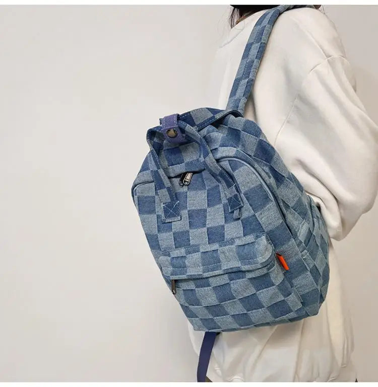 Checkerboard Canvas Bag College Backpack Male Female Travel Laptop Student Bags