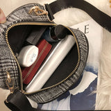 Vintage Small Round Wool Plaid Handbag with Shoulder Strap